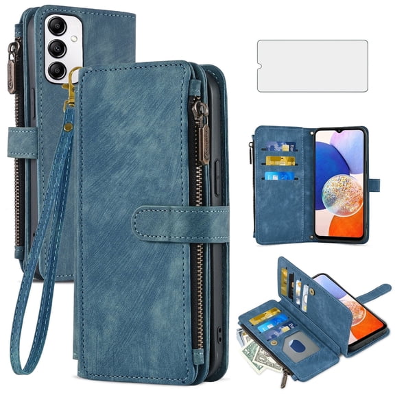 Asuwish Kickstand Hard Shell Wallet Cell Phone Case with Tempered Glass Screen Protector for Samsung Galaxy A14/M14 5G, Blue