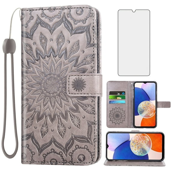 Asuwish Compatible with Samsung Galaxy A14/M14 5G Wallet Phone Case and Tempered Glass Screen Protector Flip Credit Card Holder Stand Mandala Flower Cell Cover for A 14 4G 14A 14M G5 Women Men Gray