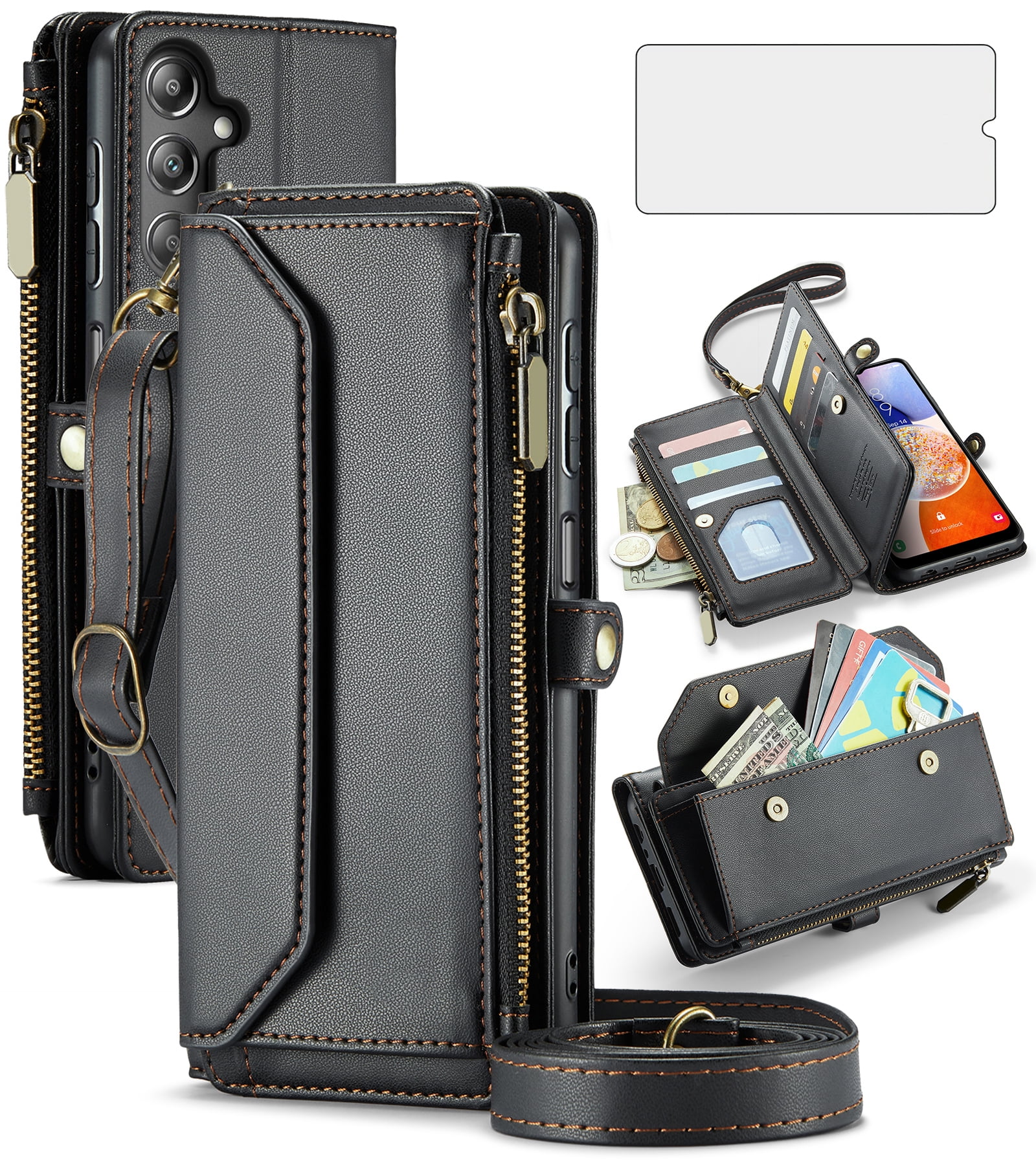 Asuwish Compatible with Samsung Galaxy A14/M14 5G Zipper Wallet Phone Case Tempered Glass Screen Protector Crossbody Lanyard Strap Flip Card Holder Slot Cell Cover for A 14 4G 14A 14M G5 Women Black