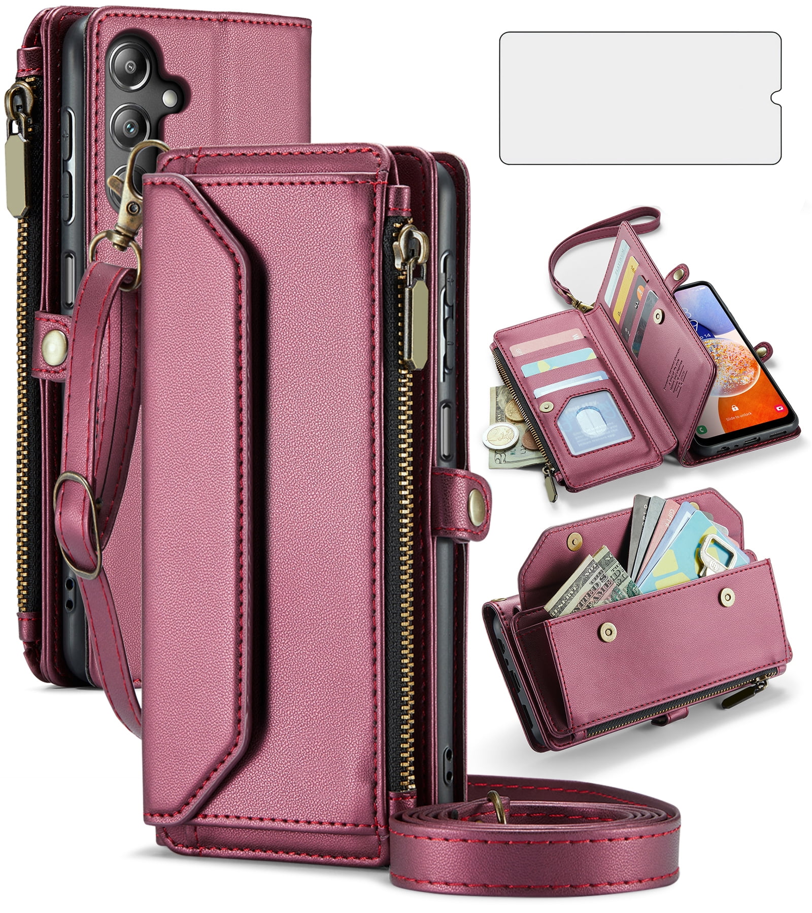 Asuwish Compatible with Samsung Galaxy A14/M14 5G Zipper Wallet Phone Case Tempered Glass Screen Protector Crossbody Lanyard Strap Flip Card Holder Slot Cell Cover for A 14 4G 14A 14M Women Wine Red