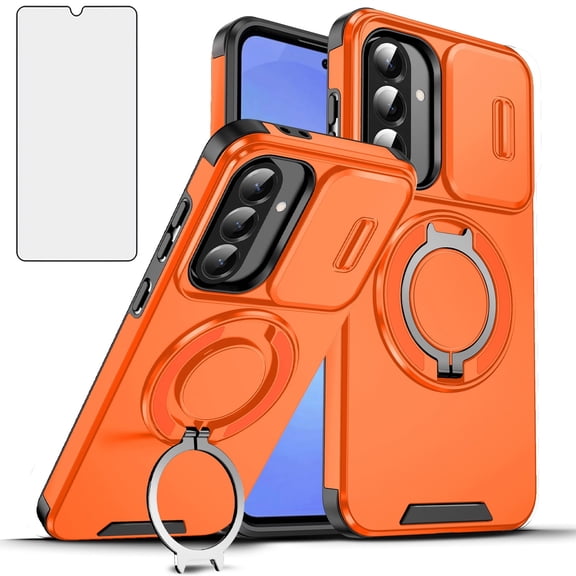 Asuwish Compatible with Samsung Galaxy A15 5G/4G Phone Case Slide Camera Cover Tempered Glass Screen Protector Stand Ring Holder Rugged Slim Cell for A 15 G5 15A Women Men Orange