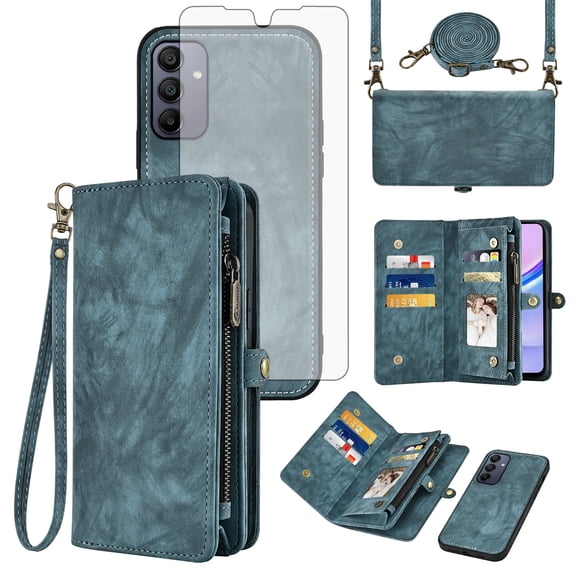 Asuwish Compatible with Samsung Galaxy A15 5G/4G Phone Case Zipper Wallet Detachable Tempered Glass Screen Protector Crossbody Lanyard Strap Flip Card Holder Cell Cover for A 15 G5 15A Women Men Blue