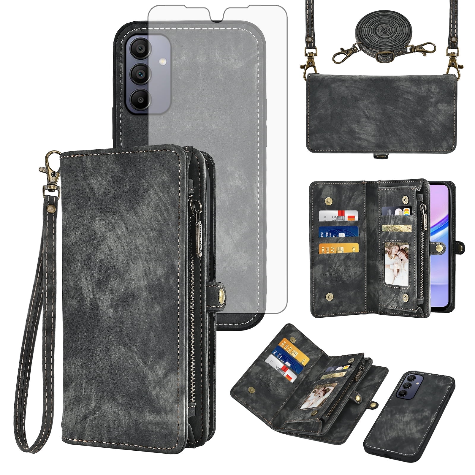Asuwish Compatible with Samsung Galaxy A15 5G/4G Phone Case Zipper Wallet Detachable Tempered Glass Screen Protector Crossbody Lanyard Strap Flip Card Holder Cell Cover for A 15 G5 15A Women Black