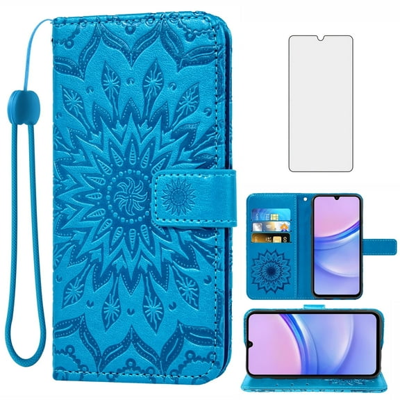 Asuwish Compatible with Samsung Galaxy A15 5G/4G Wallet Phone Case and Tempered Glass Screen Protector Flip Credit Card Holder Stand Mandala Flower Cell Cover for A 15 G5 15A Women Men Blue