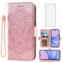 Asuwish Compatible with Samsung Galaxy A15 5G/4G Wallet Phone Case and Tempered Glass Screen Protector Flip Credit Card Holder Stand Mandala Flower Cell Cover for A 15 G5 15A Women Men Pink