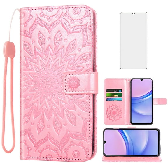 Asuwish Compatible with Samsung Galaxy A15 5G/4G Wallet Phone Case and Tempered Glass Screen Protector Flip Credit Card Holder Stand Mandala Flower Cell Cover for A 15 G5 15A Women Men Pink