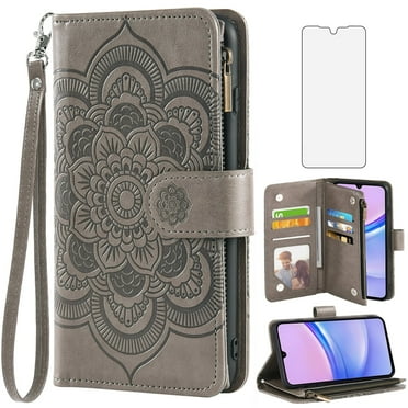 Asuwish Compatible with Samsung Galaxy A15 5G/4G Wallet Phone Case and Tempered Glass Screen Protector Flower Faux Leather Flip Credit Card Holder Stand Zipper Cell Cover for A 15 G5 15A Women Grey