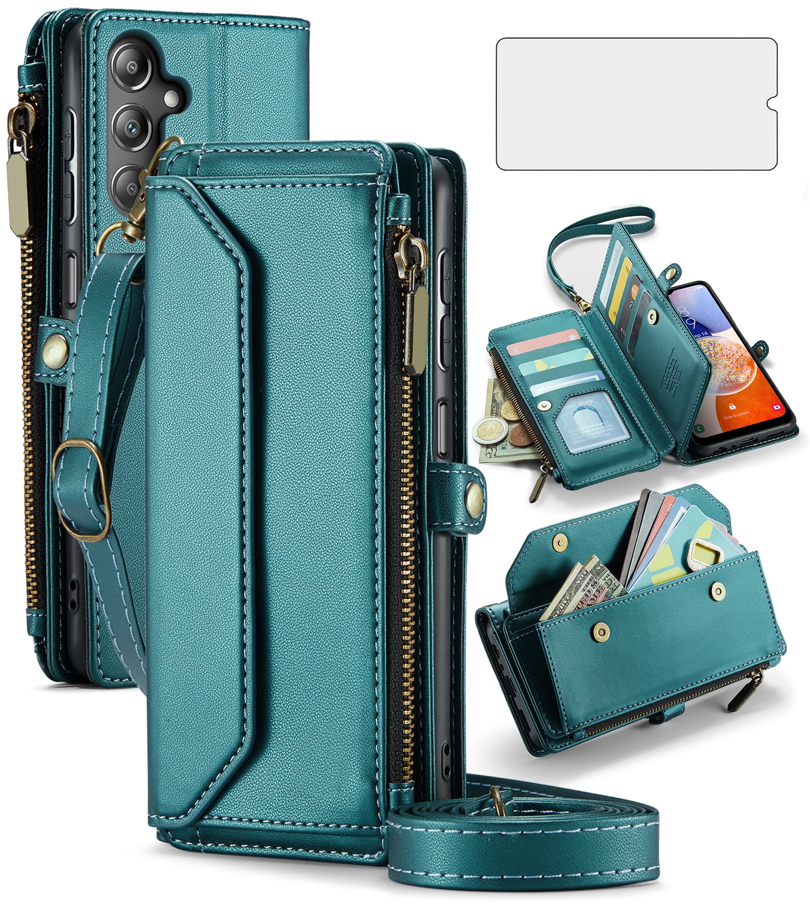 Asuwish Compatible with Samsung Galaxy A15 5G/4G Zipper Wallet Phone Case Tempered Glass Screen Protector Crossbody Lanyard Strap Flip Card Holder Slot Cell Cover for A 15 G5 15A Women Girls Green