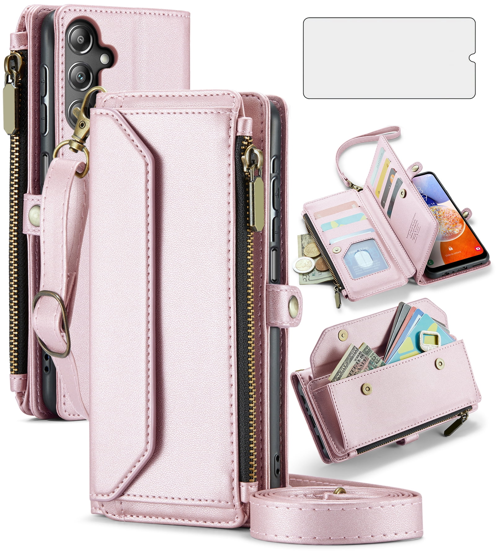 Asuwish Compatible with Samsung Galaxy A15 5G/4G Zipper Wallet Phone Case Tempered Glass Screen Protector Crossbody Lanyard Strap Flip Card Holder Slot Cell Cover for A 15 G5 15A Women Rose Gold