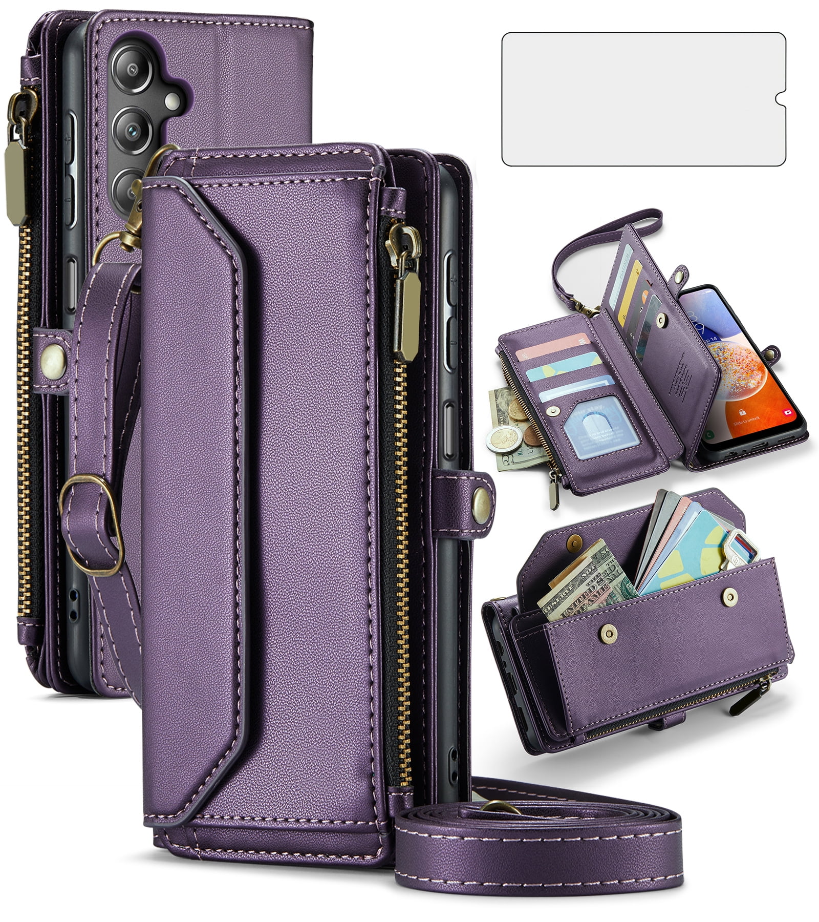 Asuwish Compatible with Samsung Galaxy A15 5G/4G Zipper Wallet Phone Case Tempered Glass Screen Protector Crossbody Lanyard Strap Flip Card Holder Slot Cell Cover for A 15 G5 15A Women Girls Purple