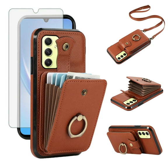 Asuwish Compatible with Samsung Galaxy A16 5G/4G Wallet Phone Case Screen Protector Ring Crossbody Strap Stand Credit Card Holder RFID Cell Cover for A 16 16A SM-A166U Women Girls Brown