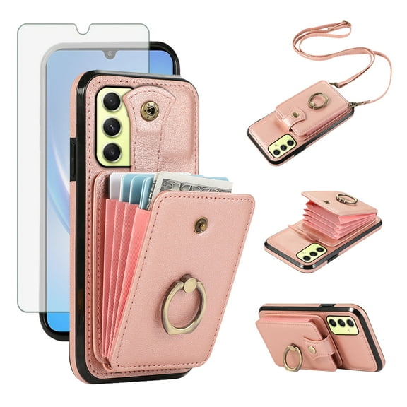 Asuwish Compatible with Samsung Galaxy A16 5G/4G Wallet Phone Case Screen Protector Ring Crossbody Strap Stand Credit Card Holder RFID Cell Cover for A 16 16A SM-A166U Women Girls Rose Gold
