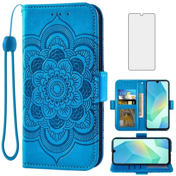 Asuwish Compatible with Samsung Galaxy A16 5G/4G Wallet Phone Case and Tempered Glass Screen Protector Flip Credit Card Holder Stand Mandala Flower Cell Cover Wrist Strap for A 16 Women Men Blue