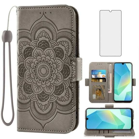 Asuwish Compatible with Samsung Galaxy A16 5G/4G Wallet Phone Case and Tempered Glass Screen Protector Flip Credit Card Holder Stand Mandala Flower Cell Cover Wrist Strap for A 16 Women Men Gray