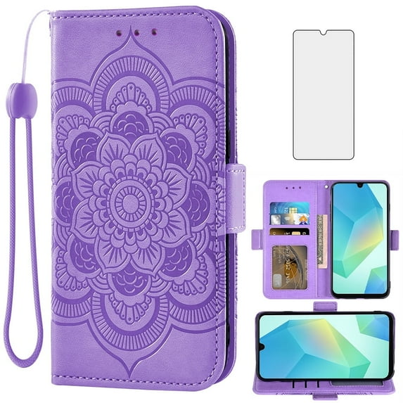 Asuwish Compatible with Samsung Galaxy A16 5G/4G Wallet Phone Case and Tempered Glass Screen Protector Flip Credit Card Holder Stand Mandala Flower Cell Cover Wrist Strap for A 16 Women Men Purple