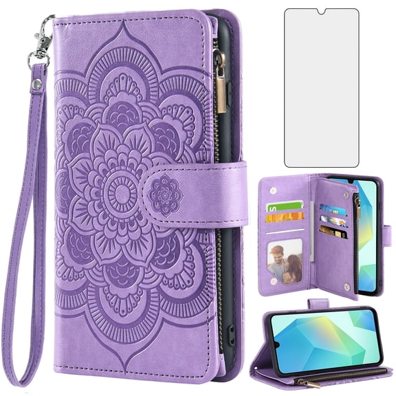 Asuwish Compatible with Samsung Galaxy A16 5G/4G Wallet Phone Case and Tempered Glass Screen Protector Flower Faux Leather Flip Credit Card Holder Stand Zipper Cell Cover for A 16 Women Purple
