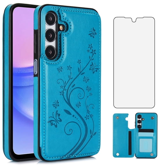 Asuwish Compatible with Samsung Galaxy A16 5G/4G Wallet Phone Case Tempered Glass Screen Protector and Flower PU Leather Credit Card Holder Stand Slot Mobile Flip Cell Cover for A 16 Women Men Black