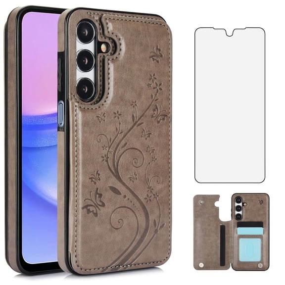 Asuwish Compatible with Samsung Galaxy A16 5G/4G Wallet Phone Case Tempered Glass Screen Protector and Flower PU Leather Credit Card Holder Stand Rugged Accessories Cell Cover for A 16 Women Men Blue