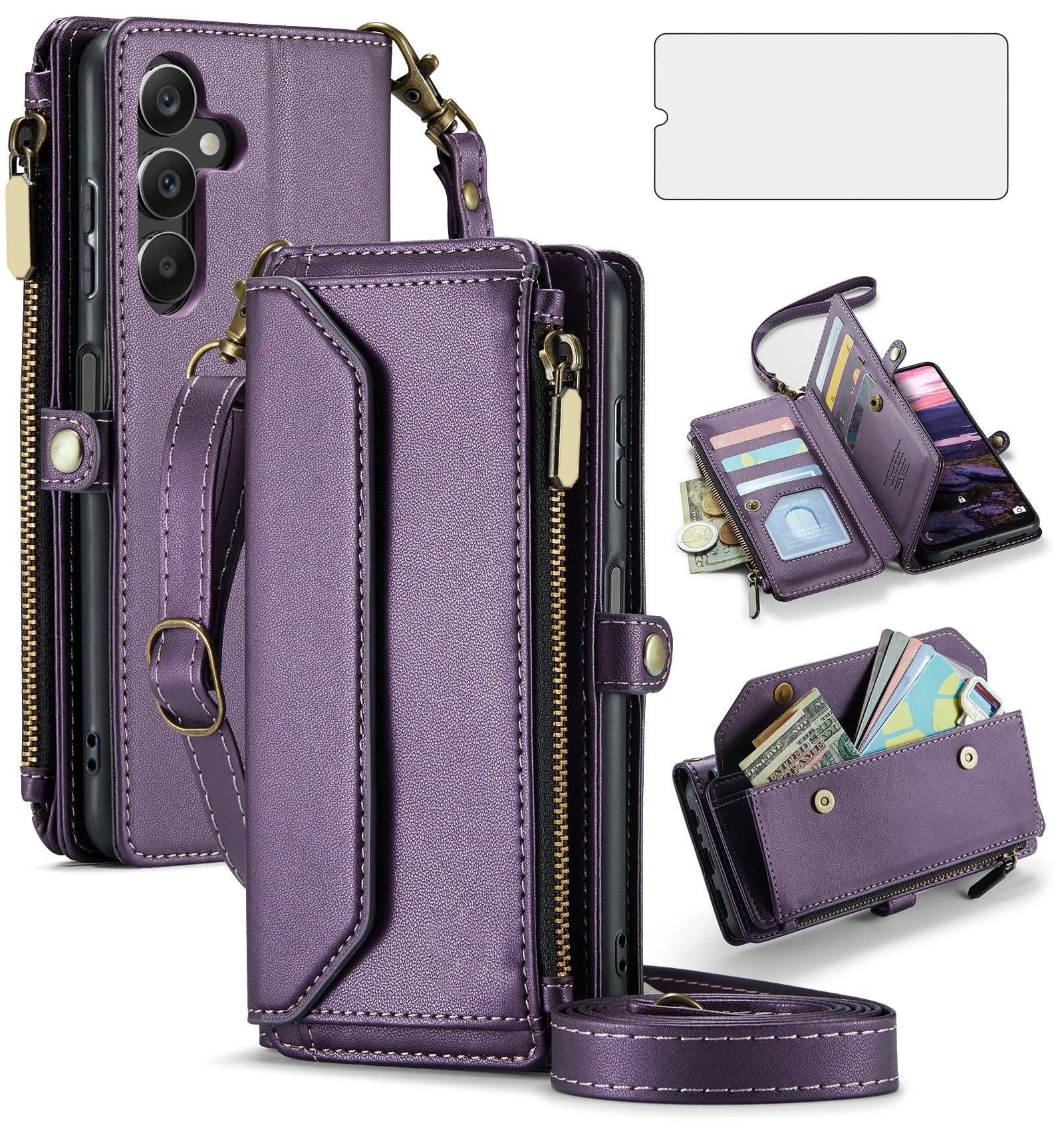 Asuwish Compatible with Samsung Galaxy A16 5G/4G Zipper Wallet Phone Case Tempered Glass Screen Protector Crossbody Lanyard Strap Flip Card Holder Slot Cell Cover for A 16 16A SM-A166U Women Purple