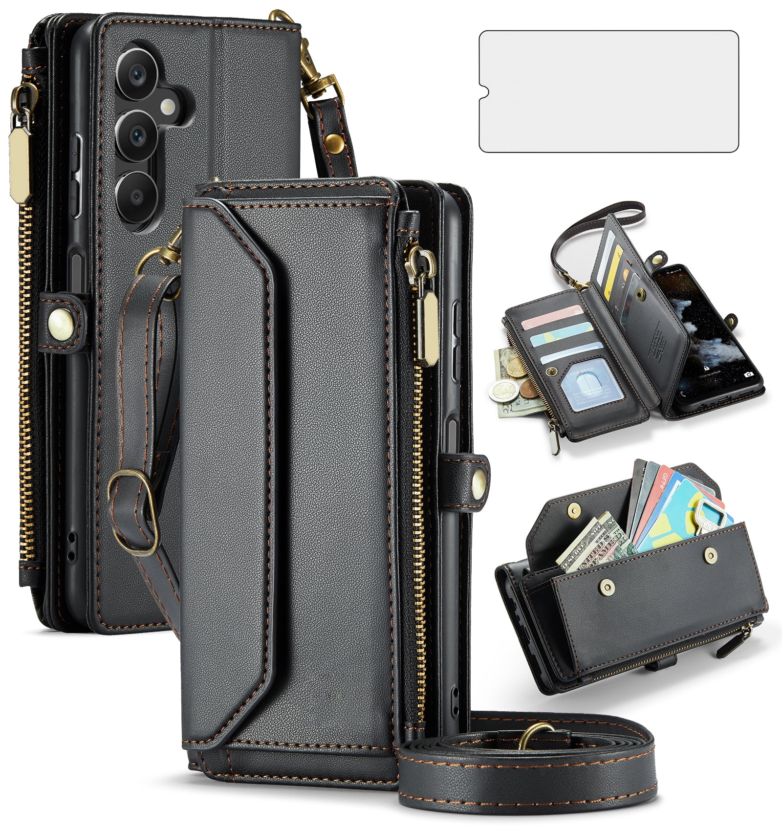 Asuwish Compatible with Samsung Galaxy A16 5G/4G Zipper Wallet Phone Case Tempered Glass Screen Protector Crossbody Lanyard Strap Flip Card Holder Slot Cell Cover for A 16 16A SM-A166U Women Black