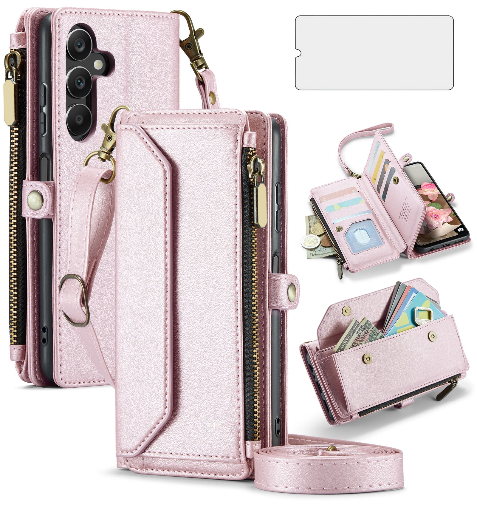 Asuwish Compatible with Samsung Galaxy A16 5G/4G Zipper Wallet Phone Case Tempered Glass Screen Protector Crossbody Lanyard Strap Flip Card Holder Slot Cell Cover for A16 16A SM-A166U Women Rose Gold