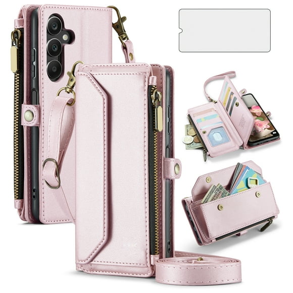 Asuwish Compatible with Samsung Galaxy A16 5G/4G Zipper Wallet Phone Case Tempered Glass Screen Protector Crossbody Lanyard Strap Flip Card Holder Slot Cell Cover for A16 16A SM-A166U Women Rose Gold