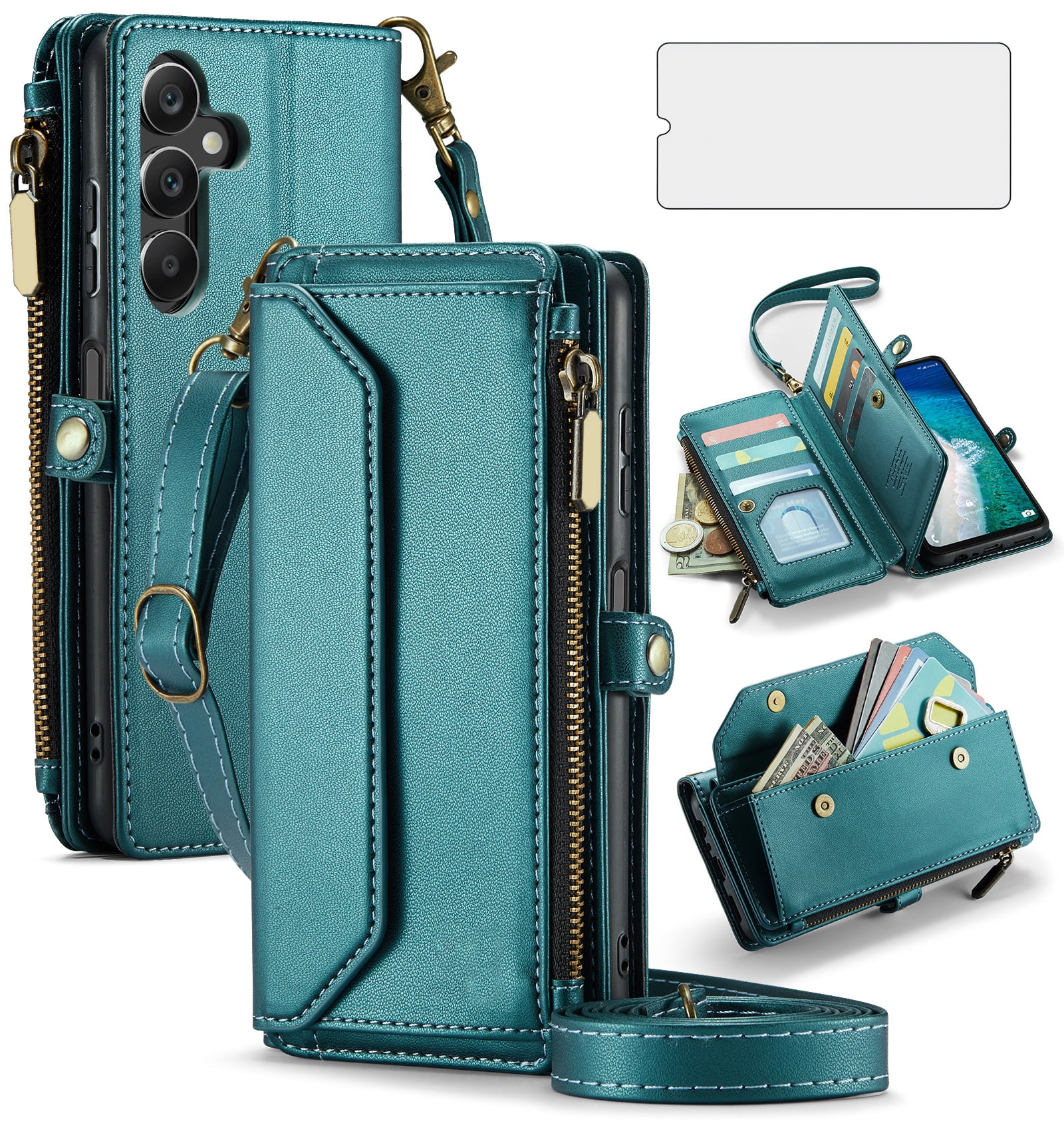Asuwish Compatible with Samsung Galaxy A16 5G/4G Zipper Wallet Phone Case Tempered Glass Screen Protector Crossbody Lanyard Strap Flip Card Holder Slot Cell Cover for A 16 16A SM-A166U Women Green