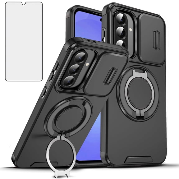 Asuwish Compatible with Samsung Galaxy A16/A17 5G/4G Phone Case Slide Camera Cover Tempered Glass Screen Protector Stand Ring Holder Rugged Slim Cell for A 16 16A 17 17A SM-A166U Women Men Black