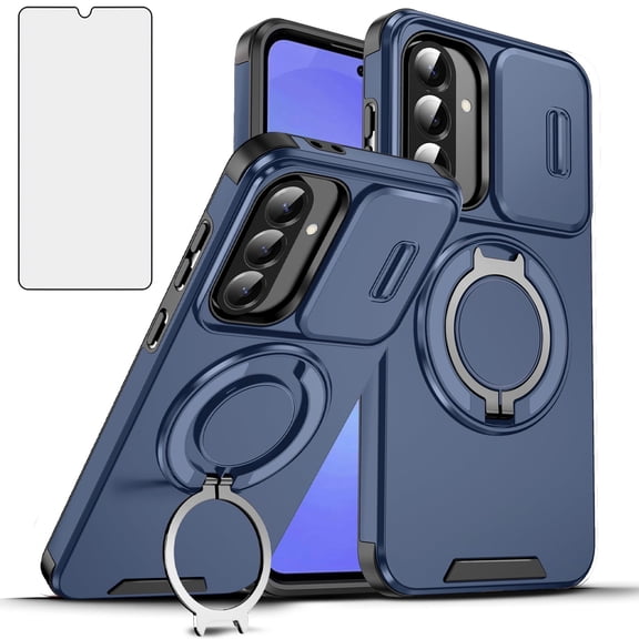 Asuwish Compatible with Samsung Galaxy A16/A17 5G/4G Phone Case Slide Camera Cover Tempered Glass Screen Protector Stand Ring Holder Rugged Slim Cell for A 16 16A 17 17A SM-A166U Women Men Blue