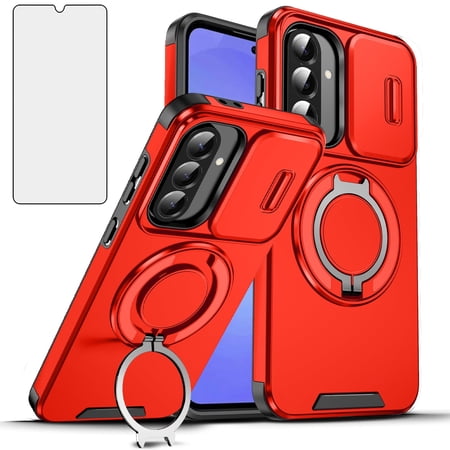 Asuwish Compatible with Samsung Galaxy A16/A17 5G/4G Phone Case Slide Camera Cover Tempered Glass Screen Protector Stand Ring Holder Rugged Slim Cell for A 16 16A 17 17A SM-A166U Women Men Red
