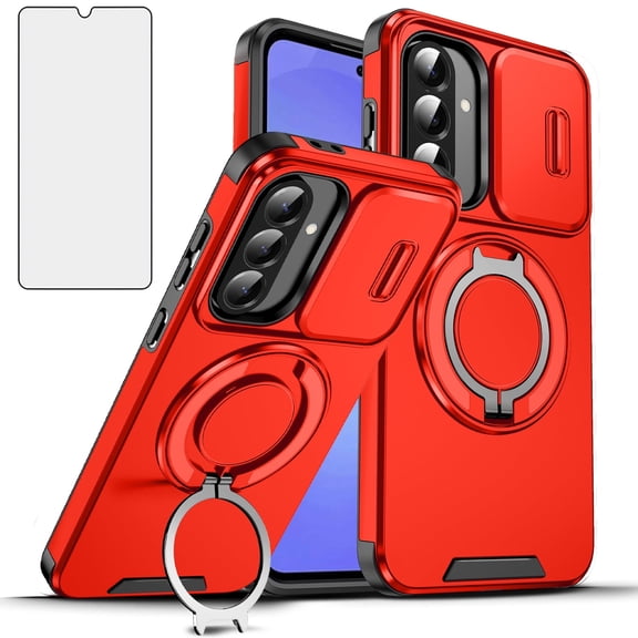 Asuwish Compatible with Samsung Galaxy A16/A17 5G/4G Phone Case Slide Camera Cover Tempered Glass Screen Protector Stand Ring Holder Rugged Slim Cell for A 16 16A 17 17A SM-A166U Women Men Red
