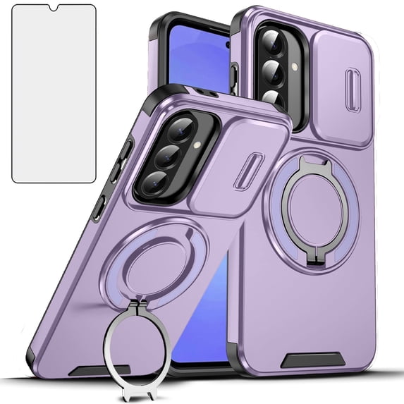 Asuwish Compatible with Samsung Galaxy A16/A17 5G/4G Phone Case Slide Camera Cover Tempered Glass Screen Protector Stand Ring Holder Rugged Slim Cell for A 16 16A 17 17A SM-A166U Women Men Purple