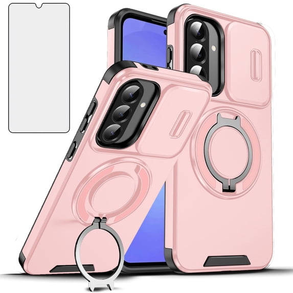 Asuwish Compatible with Samsung Galaxy A16/A17 5G/4G Phone Case Slide Camera Cover Tempered Glass Screen Protector Stand Ring Holder Rugged Slim Cell for A 16 16A 17 17A SM-A166U Women Men Pink