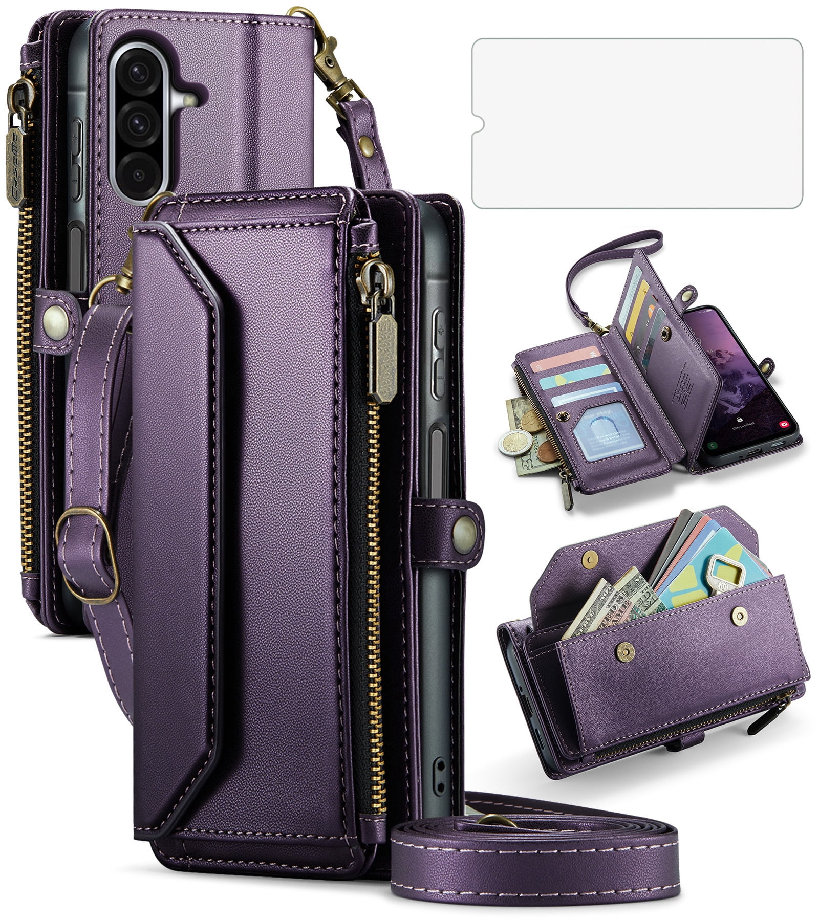 Asuwish Compatible with Samsung Galaxy A17 5G Zipper Wallet Phone Case Tempered Glass Screen Protector Crossbody Lanyard Strap Flip Card Holder Slot Cell Cover for A 17 17A G5 Women Girls Purple