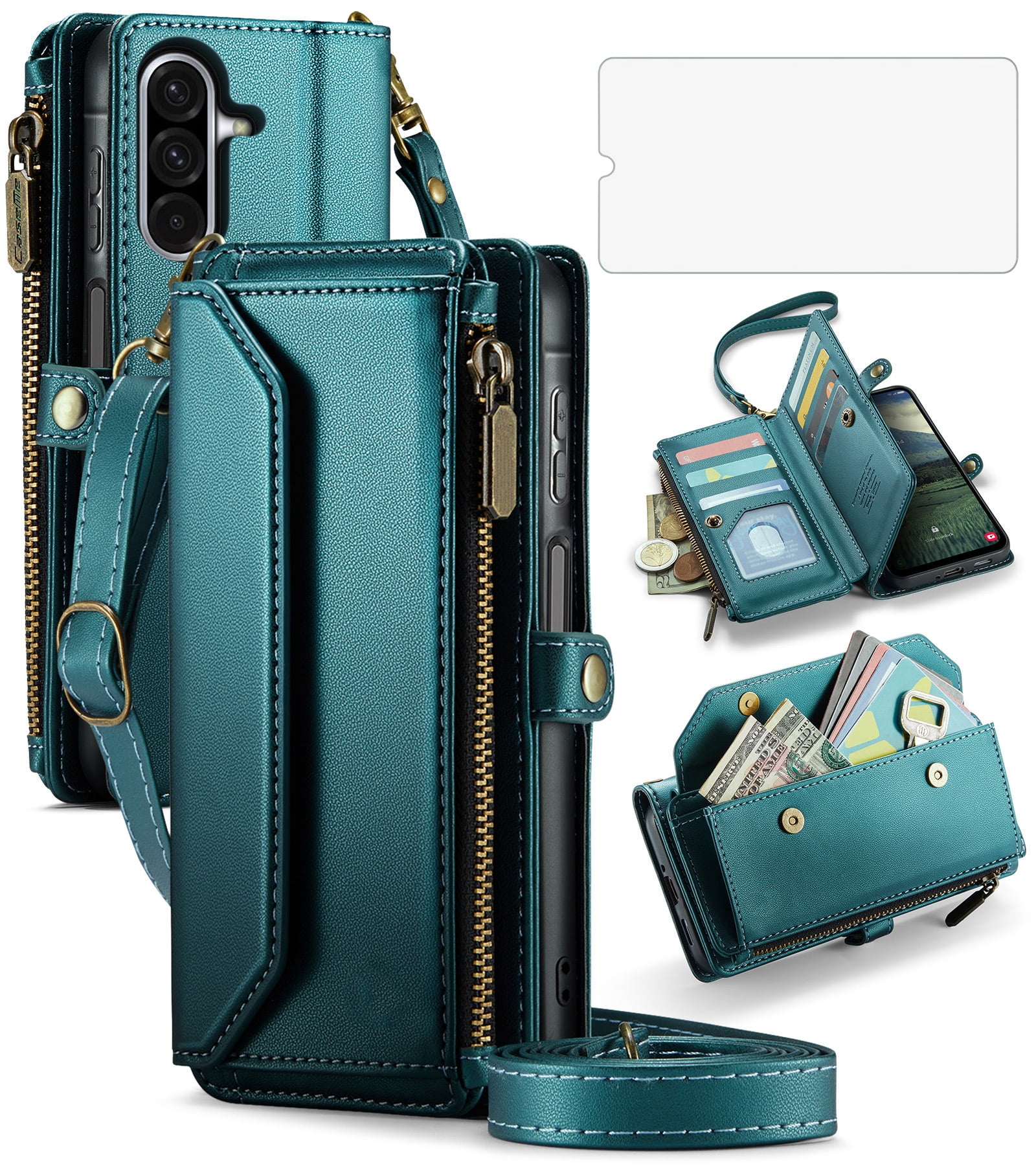 Asuwish Compatible with Samsung Galaxy A17 5G Zipper Wallet Phone Case Tempered Glass Screen Protector Crossbody Lanyard Strap Flip Card Holder Slot Cell Cover for A 17 17A G5 Women Girls Green