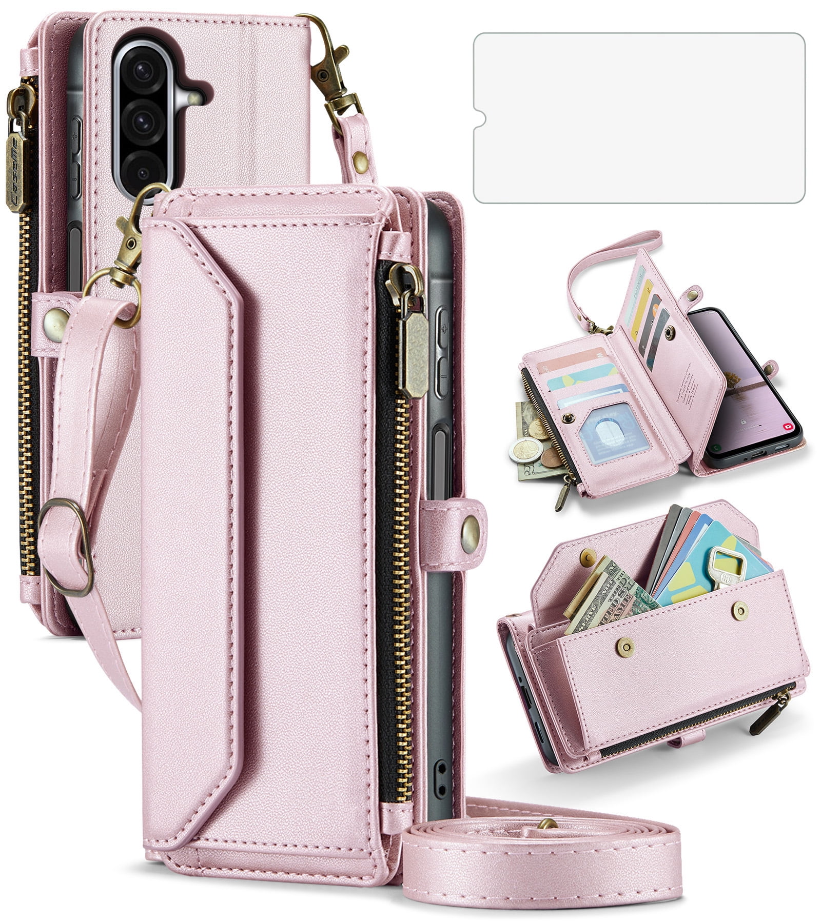 Asuwish Compatible with Samsung Galaxy A17 5G Zipper Wallet Phone Case Tempered Glass Screen Protector Crossbody Lanyard Strap Flip Card Holder Slot Cell Cover for A 17 17A G5 Women Girls Rose Gold