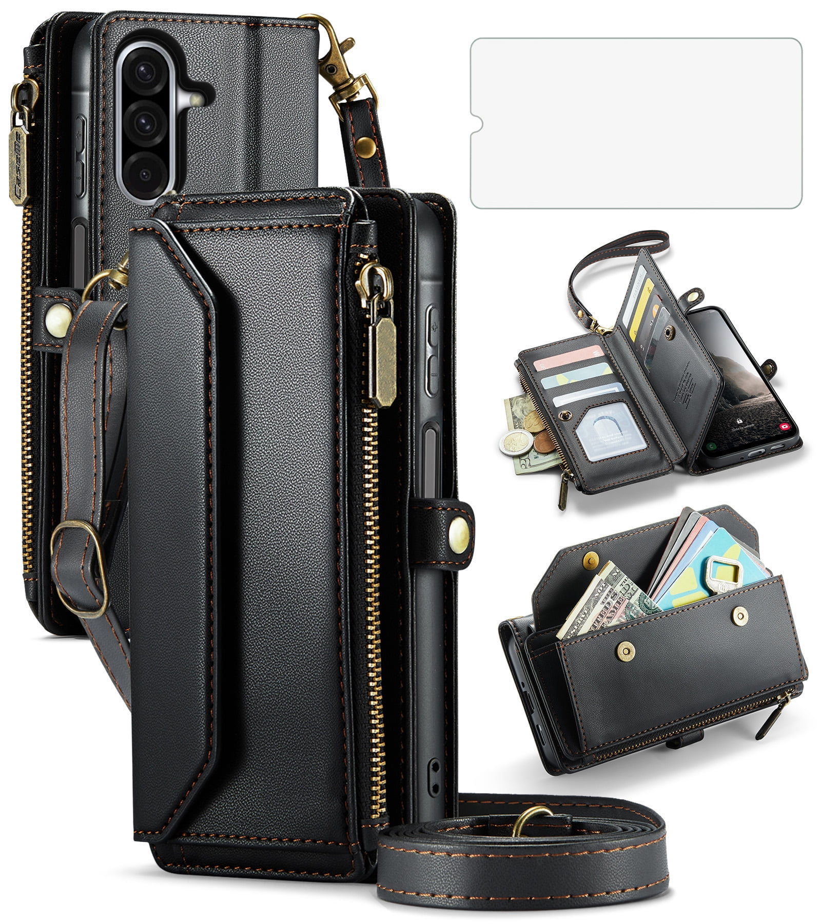 Asuwish Compatible with Samsung Galaxy A17 5G Zipper Wallet Phone Case Tempered Glass Screen Protector Crossbody Lanyard Strap Flip Card Holder Slot Cell Cover for A 17 17A G5 Women Girls Black