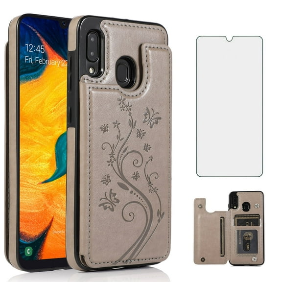 Asuwish Compatible with Samsung Galaxy A20 A30 Wallet Phone Case Tempered Glass Screen Protector and Flower PU Leather Credit Card Holder Stand Cell Cover for M10s A 30 20A SM A205G Women Men Grey