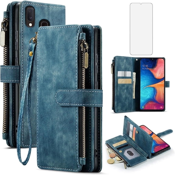 Asuwish Kickstand Hard Shell Wallet Cell Phone Case with Tempered Glass Screen Protector for Samsung Galaxy A20E, Blue