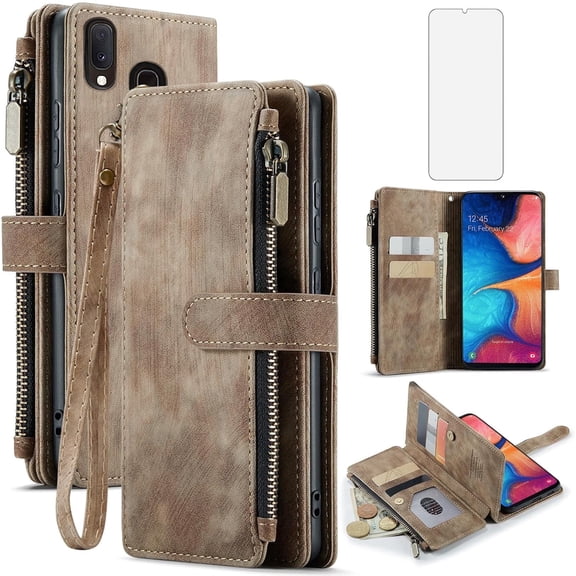 Asuwish Kickstand Hard Shell Wallet Cell Phone Case with Tempered Glass Screen Protector for Samsung Galaxy A20E, Brown
