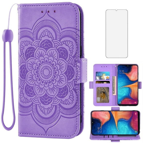Asuwish Compatible with Samsung Galaxy A20e Wallet Phone Case and Tempered Glass Screen Protector Flip Credit Card Holder Stand Mandala Flower Cell Cover Wrist Strap for A 20e 20ae Women Men Purple