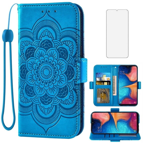 Asuwish Compatible with Samsung Galaxy A20e Wallet Phone Case and Tempered Glass Screen Protector Flip Credit Card Holder Stand Mandala Flower Cell Cover Wrist Strap for A 20e 20ae Women Men Blue