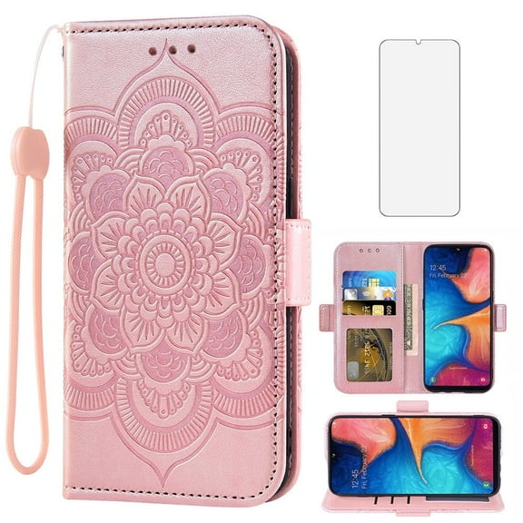 Asuwish Compatible with Samsung Galaxy A20e Wallet Phone Case and Tempered Glass Screen Protector Flip Credit Card Holder Stand Mandala Flower Cell Cover Wrist Strap for A 20e 20ae Women Men Pink