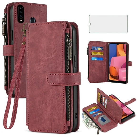 Asuwish Compatible with Samsung Galaxy A20s Wallet Phone Case and Tempered Glass Screen Protector Faux Leather Flip Credit Card Holder Stand Zipper Slot Cell Cover for A 20s Plus A207M Women Red