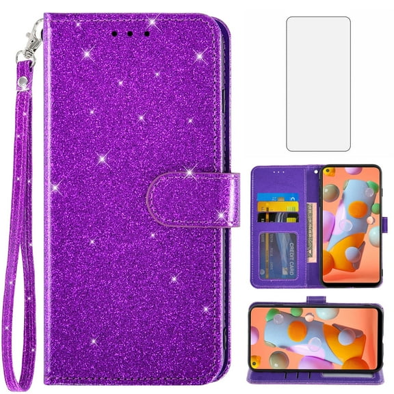 Asuwish Compatible with Samsung Galaxy A21S Wallet Phone Case and Tempered Glass Screen Protector Flip Credit Card Holder Stand Bling Glitter Cell Cover for A 21S Women Purple
