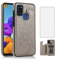 Asuwish Compatible with Samsung Galaxy A21S Wallet Phone Case Tempered Glass Screen Protector and Flower PU Leather Credit Card Holder Stand Rugged Accessories Cell Cover for A 21S Women Men Grey