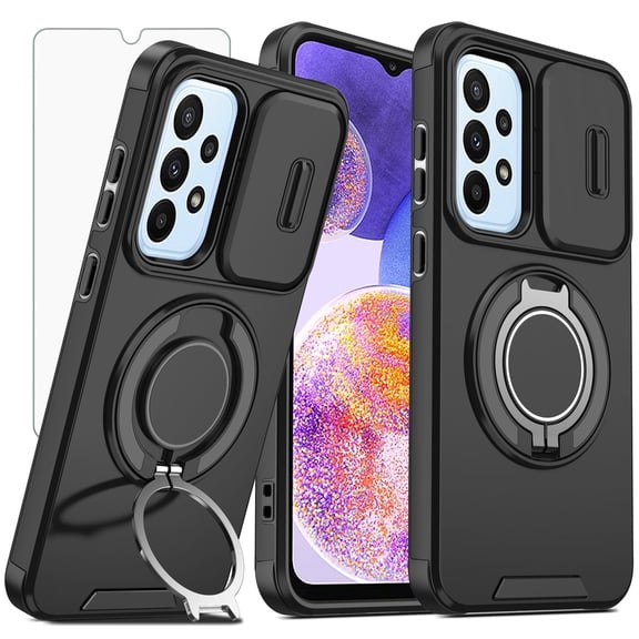 Asuwish Compatible with Samsung Galaxy A23 5G/4G Phone Case Slide Camera Cover Tempered Glass Screen Protector Stand Ring Holder Rugged Slim Cell for A 23 23A 6.6 Women Men Black