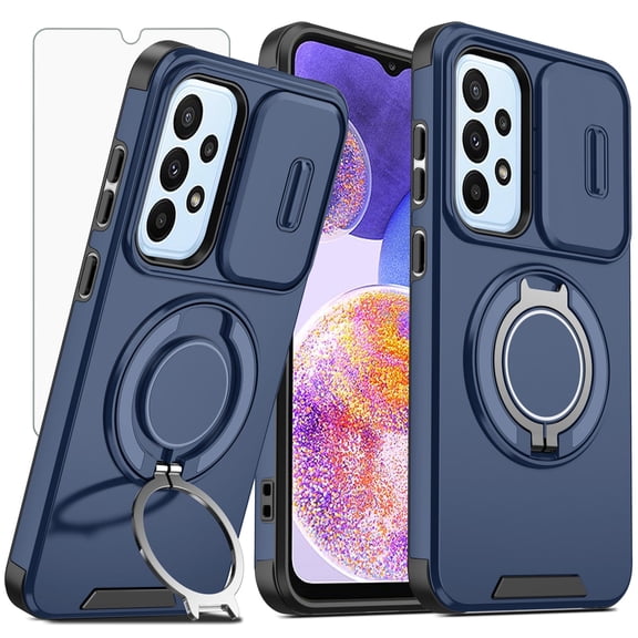 Asuwish Compatible with Samsung Galaxy A23 5G/4G Phone Case Slide Camera Cover Tempered Glass Screen Protector Stand Ring Holder Rugged Slim Cell for A 23 23A 6.6 Women Men Blue