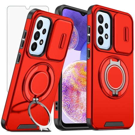 Asuwish Compatible with Samsung Galaxy A23 5G/4G Phone Case Slide Camera Cover Tempered Glass Screen Protector Stand Ring Holder Rugged Slim Cell for A 23 23A 6.6 Women Men Red