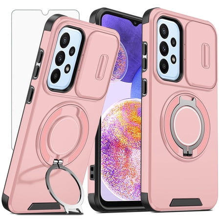 Asuwish Compatible with Samsung Galaxy A23 5G/4G Phone Case Slide Camera Cover Tempered Glass Screen Protector Stand Ring Holder Rugged Slim Cell for A 23 23A 6.6 Women Men Pink